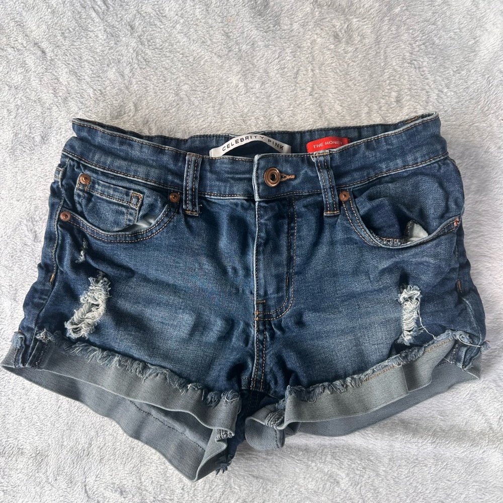 Celebrity Pink Dark Blue Frayed Hem Denim Shorts
